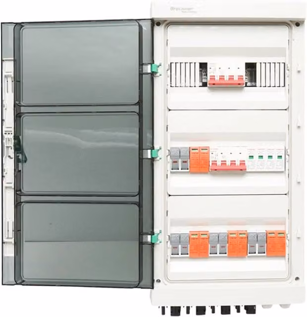 Quadro di distribuzione con fusibili DC/AC Breckner Germany per sistemi fotovoltaici 10–20 kW con inverter ON/OFF Grid prosumer, Bianco, L/P/H: 63.0 x 36.0 x 57.0 cm