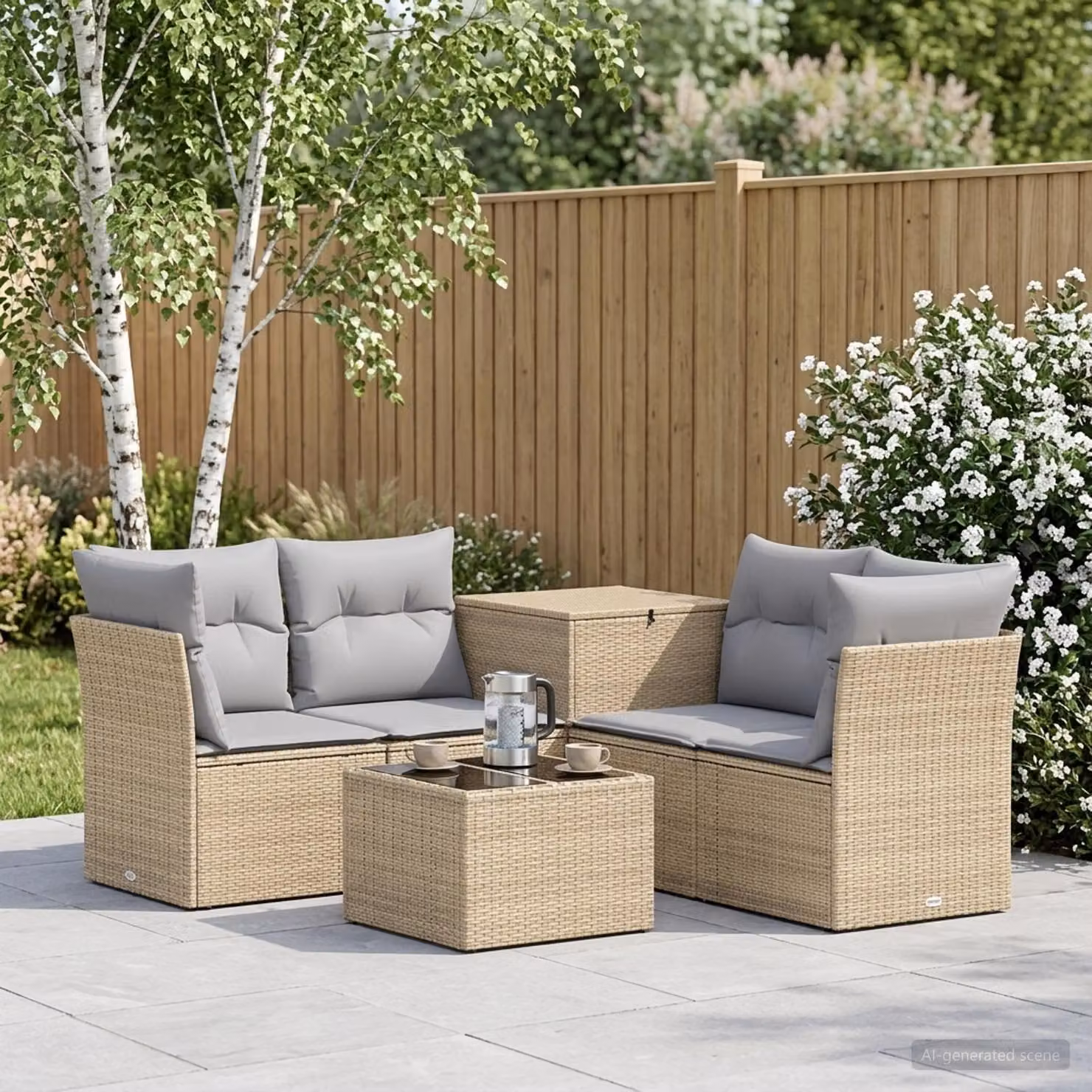 Set da giardino vidaXL in polyrattan composto da 6 pezzi con divani, elementi angolari, tavolino e cuscini, colori beige e grigio