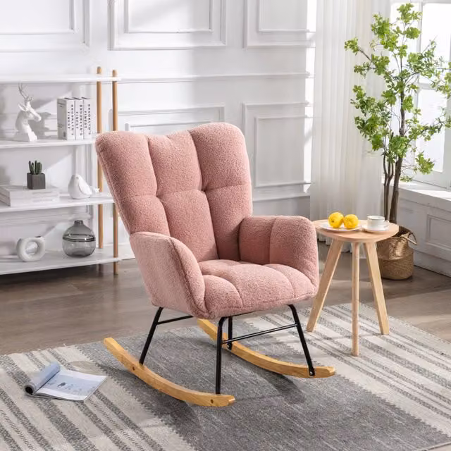 Sedia a Dondolo OKWISH in Tessuto Bouclé Rosa con Braccioli e Design Moderno