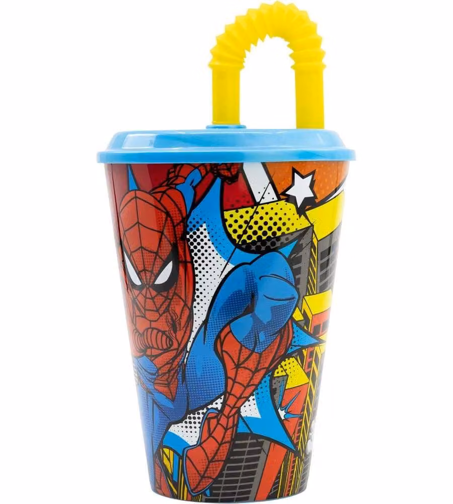 Bicchiere in plastica con cannuccia Spiderman 430 ml