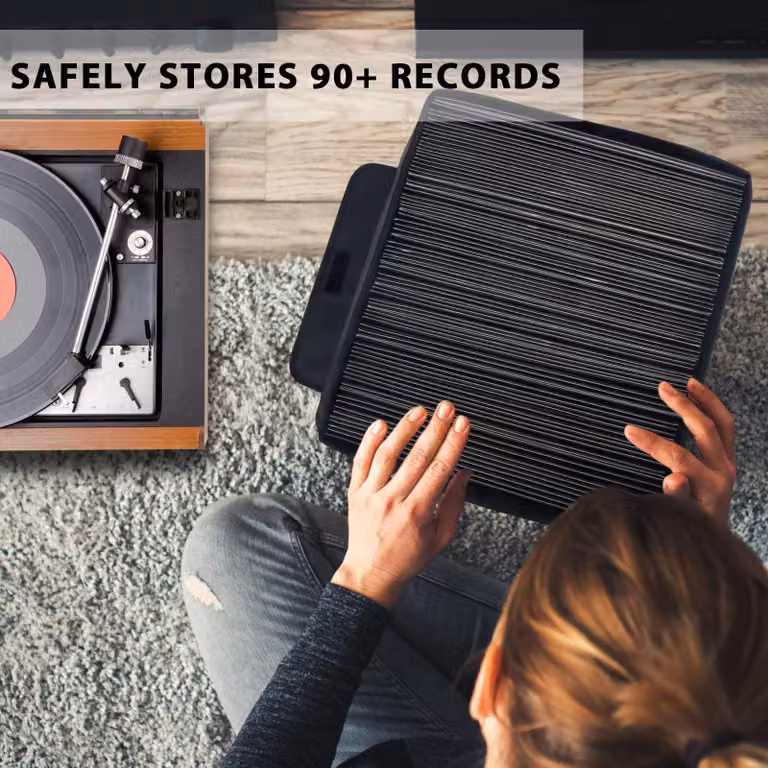 Custodia per dischi in vinile da 12 pollici, colore nero, capacità per 90 LP, dimensioni 14x13x13 pollici, confezione singola, ideale per il soggiorno