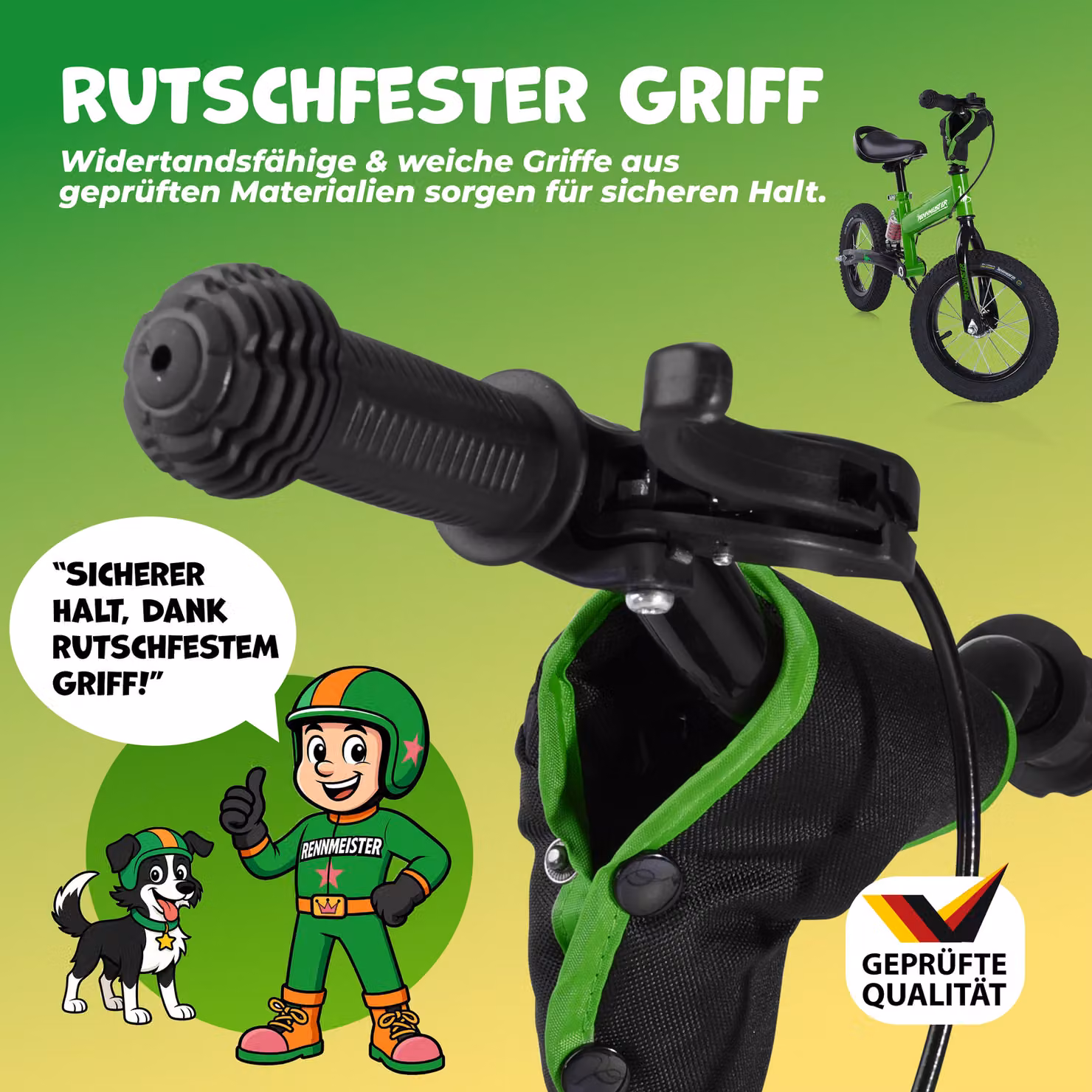 Bicicletta da equilibrio Rennmeister per bambini verde con maniglia di spinta e freno regolabile in altezza – 3