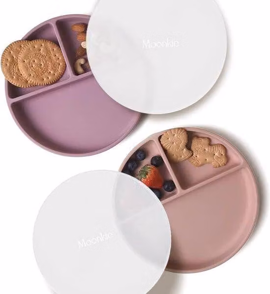 Set di due vaschette in silicone per bambini, senza BPA, antiscivolo, adatte al microonde e lavabili in lavastoviglie, con coperchio, set da 2 pezzi, colore: malva chiaro/blush