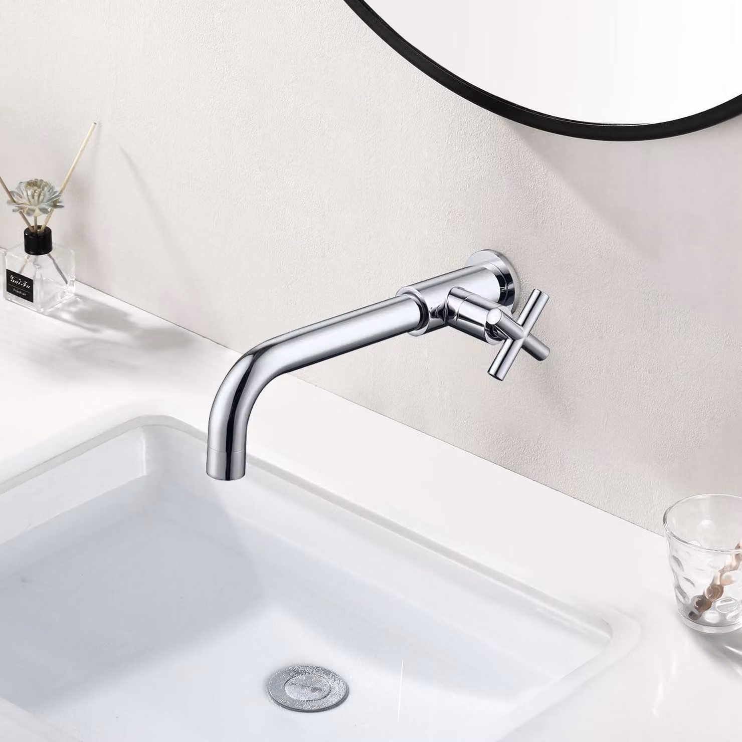 Rubinetto da parete per acqua fredda, in ottone, per esterno, a leva singola, per lavello, con maniglia a croce, finitura cromata, modello PTMP20C