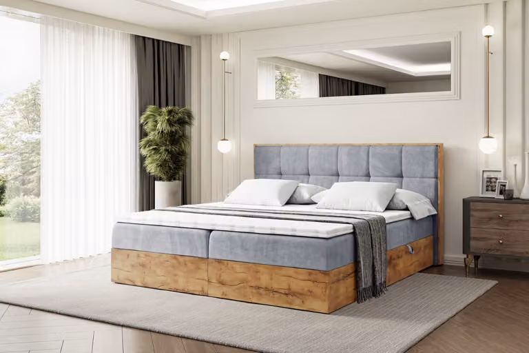 Letto boxspring ALTDECOR LOLLI7 con materasso H3, testiera e contenitore in rovere - 200x200 - Grigio velluto