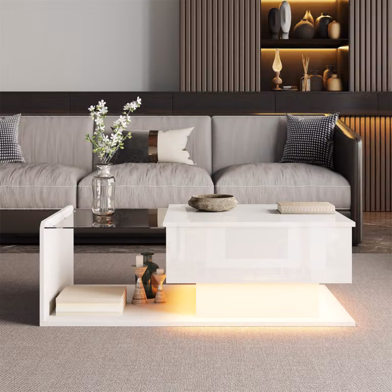 Tavolino bianco lucido con piano in vetro ed effetto LED, tavolino laterale