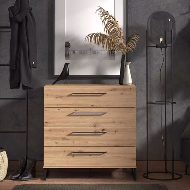 Cassettiera moderna DMORA in legno color rovere marrone e nero, L 91.5 cm x P 42 cm x H 95 cm – 1