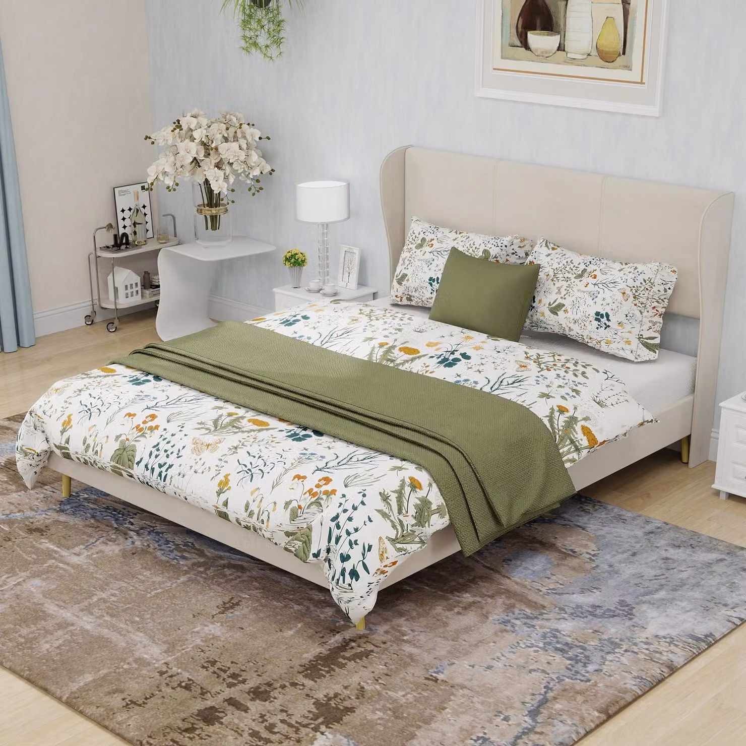 MODFU letto imbottito 140x200 struttura letto multifunzionale con base bassa e testata, letto matrimoniale con testata morbida, senza materasso, beige