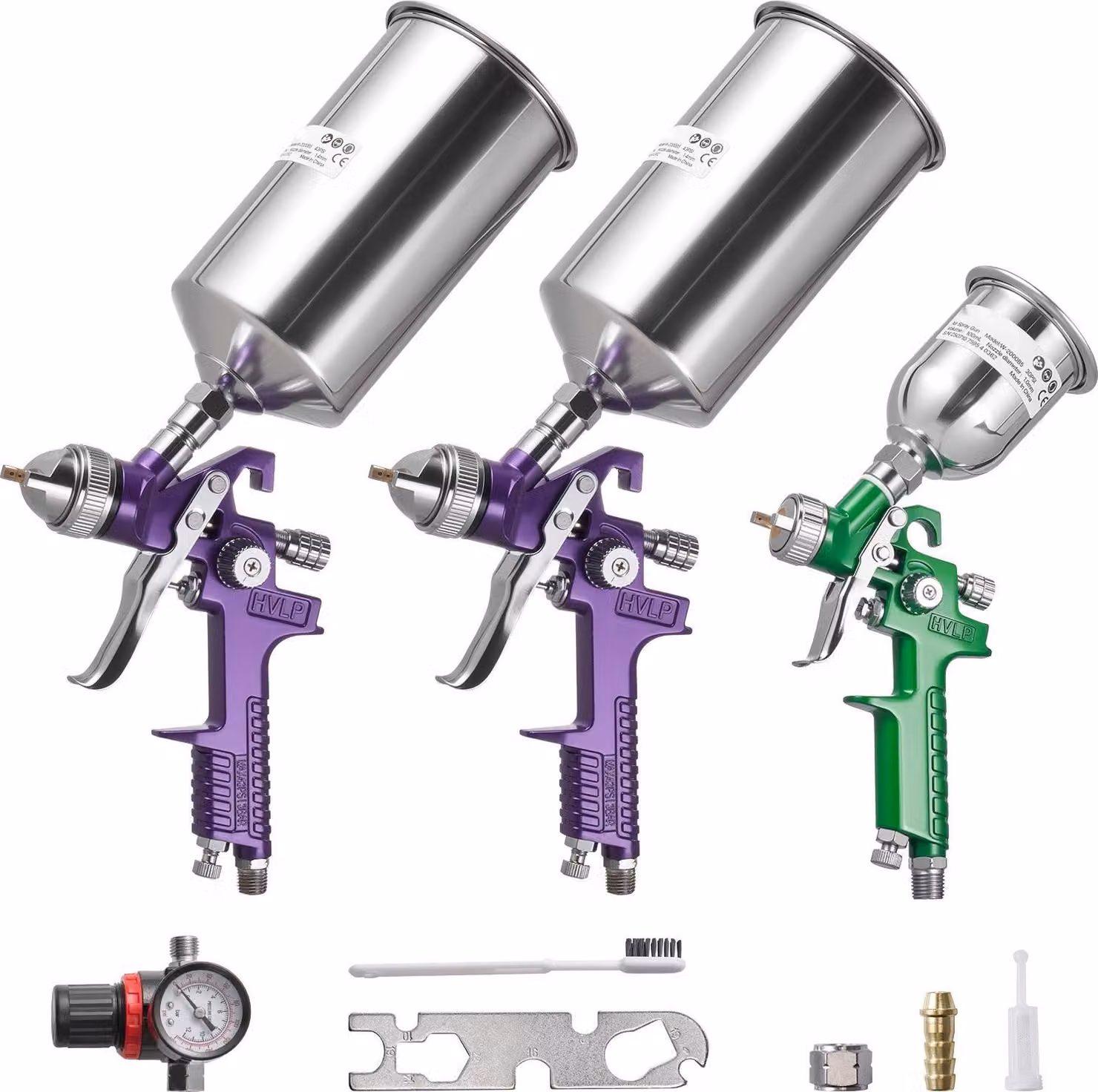 Set di pistole a spruzzo per vernici - Pistola a spruzzo per verniciatura a gravità 3 pezzi - 3 ugelli da 1,0/1,4/1,8 mm - 3 tazze - Regolatore d'aria - Per vernice per auto, primer e vernice di finitura