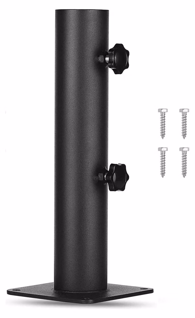 Supporto per ombrellone resistente - Portapacchi in acciaio robusto - Manopola regolabile - Maggiore stabilità - 4 fori per viti - Rivestimento in polvere nero - Base per ombrellone