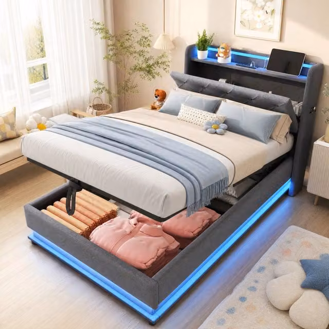 Letto imbottito REDOM moderno con luci LED, porte USB, mensola e contenitore contenitore a sollevamento, grigio, L/P/H: 216.5 x 108.0 x 97.0 cm