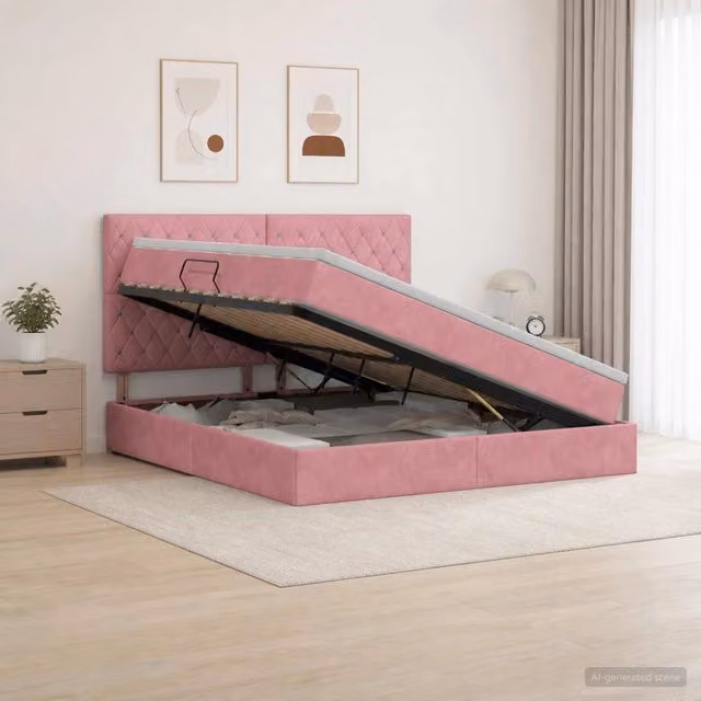 Letto con contenitore e illuminazione LED vidaXL in velluto rosa, con porte di ricarica USB, L: 160 cm, P: 200 cm, H: 140 cm