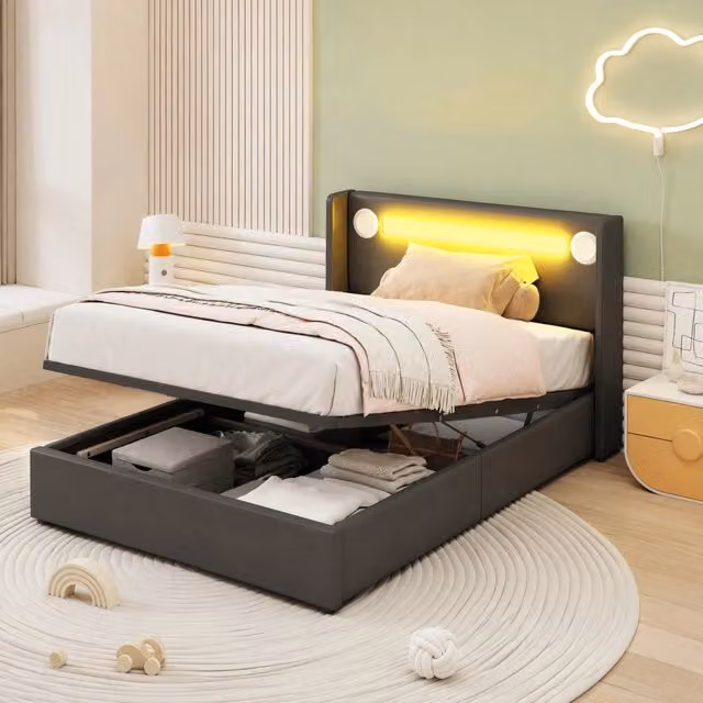 Letto contenitore Mivray imbottito in similpelle nero con illuminazione LED, Bluetooth e porte USB, L/P: 90 x 200 cm