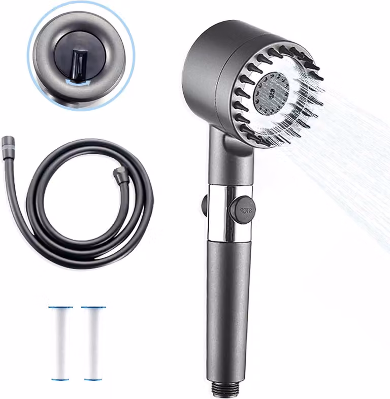 Soffione doccia con filtro, soffione doccia SPA con numerose funzioni, doccetta con tubo doccia da 1,5 m, 2 filtri per l'acqua, arresto dell'acqua e massaggio per una perfetta pressione dell'acqua nella doccia, grigio