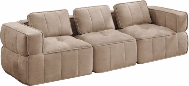 Divano modulare 3 posti in tessuto poliestere beige sabbia, schiuma ad alta densità, senza montaggio