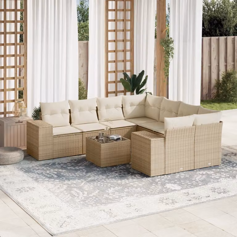 Set Divano da Giardino a L vidaXL 9 pz con Cuscini Beige e Tavolino in Polyrattan e Metallo