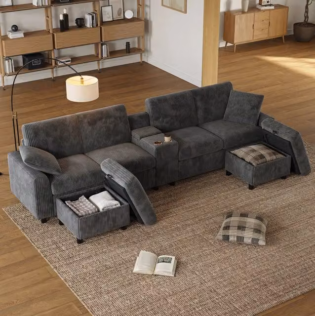 Divano a U ULEVR 315x135 cm in velluto a coste grigio con 2 pouf contenitore, tavolino, USB, Type-C e prese