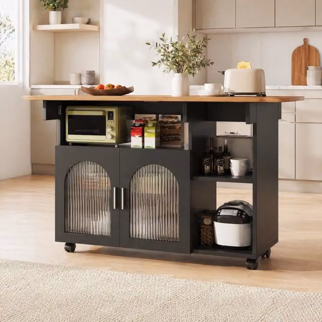 Desviae Carrello da cucina con piano pieghevole e ruote, ripiani aperti e armadietti in MDF e vetro nero per casa