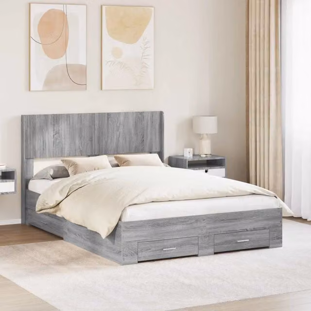 Letto con contenitore e testata vidaXL in legno Sonoma grigio L 140 cm x P 200 cm x H 126,5 cm