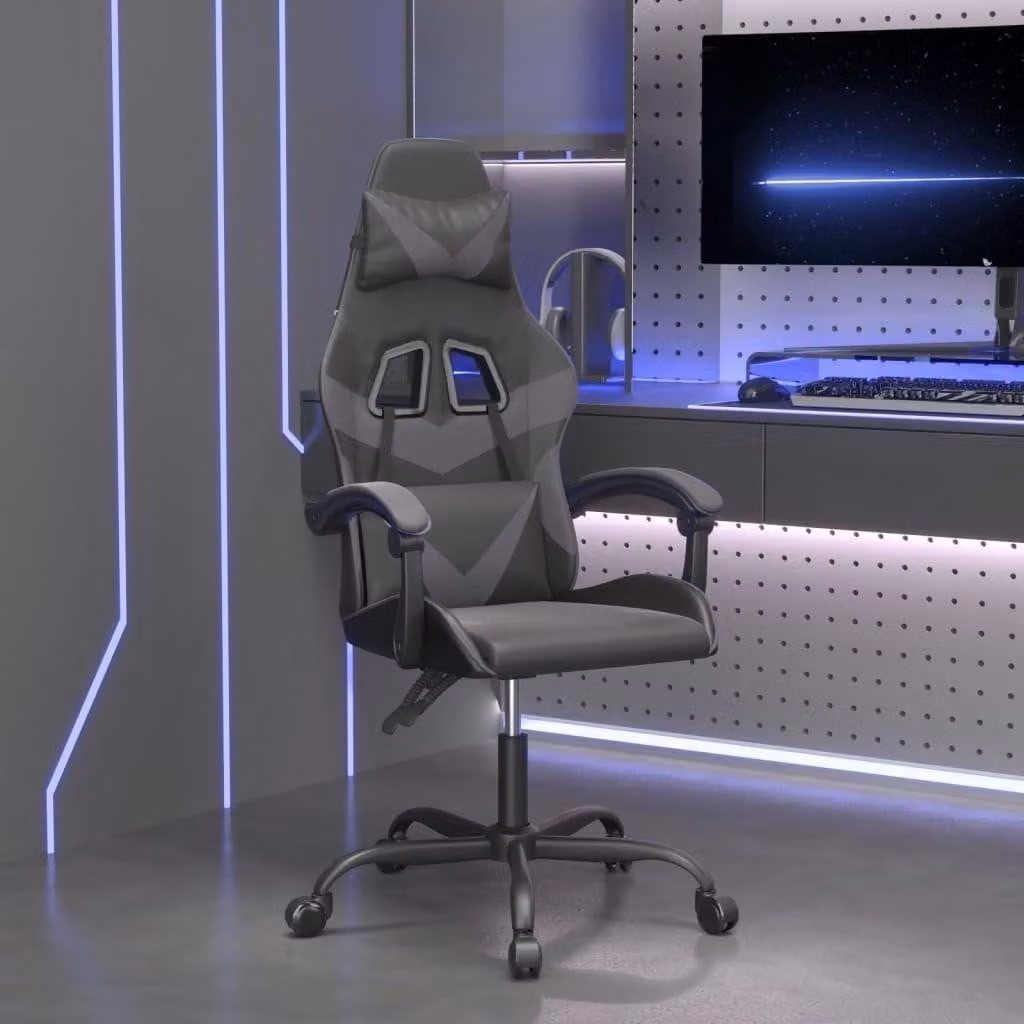 Sedia da gaming girevole con funzione massaggio, in ecopelle, colore nero e grigio