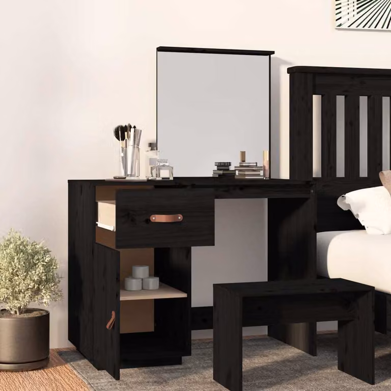 The Living Store Comodino nero 95x50x134 cm in legno di pino massiccio