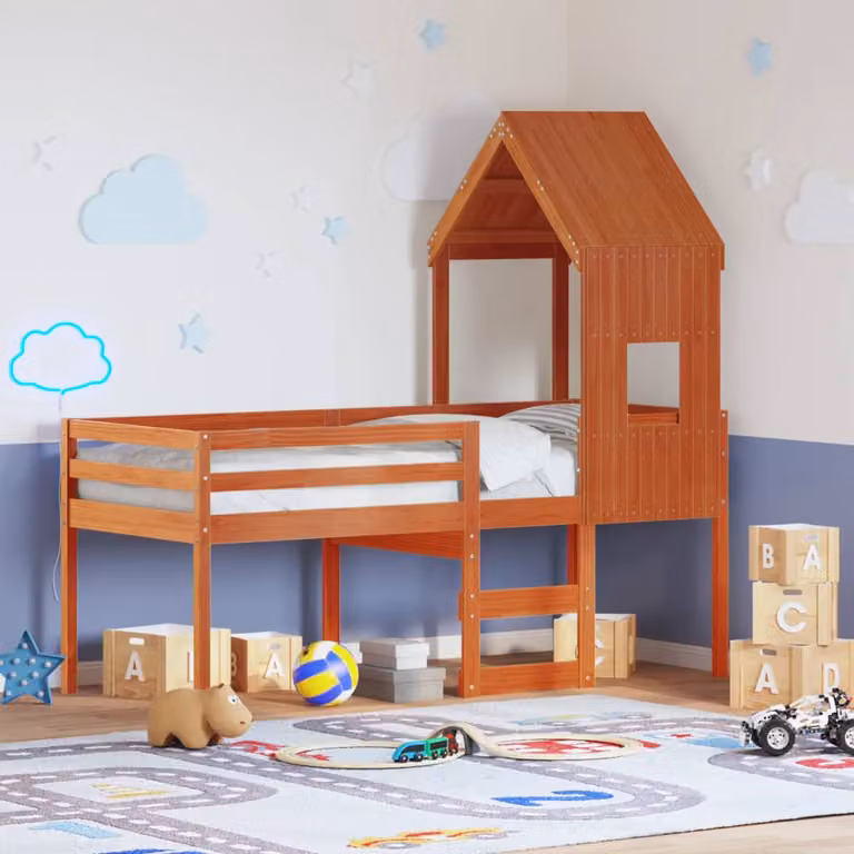 Letto a soppalco singolo vidaXL in legno di pino con tetto a casetta, colore marrone, L 200 x P 80 cm, H 176 cm