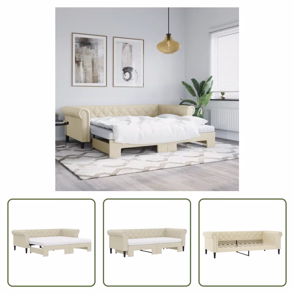 The Living Store Letto da giorno allungabile con materassi crema 90x200 cm in ecopelle
