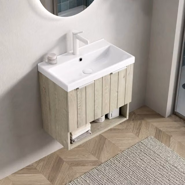 Mobile sottolavabo sospeso con lavabo in ceramica 2 ante e ripiano aperto per bagno in multistrato rovere chiaro