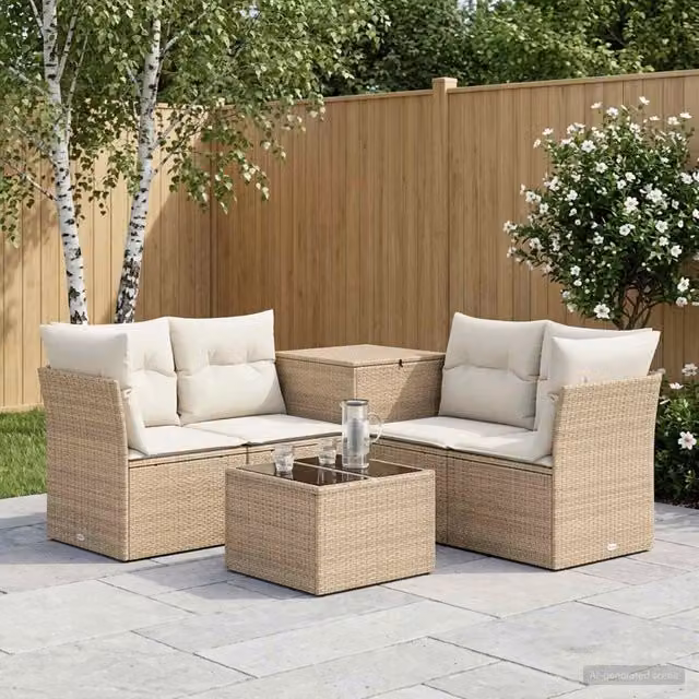 Set di mobili da giardino vidaXL in polyrattan con divani, elementi angolari, tavolino e pouf, colori beige e bianco
