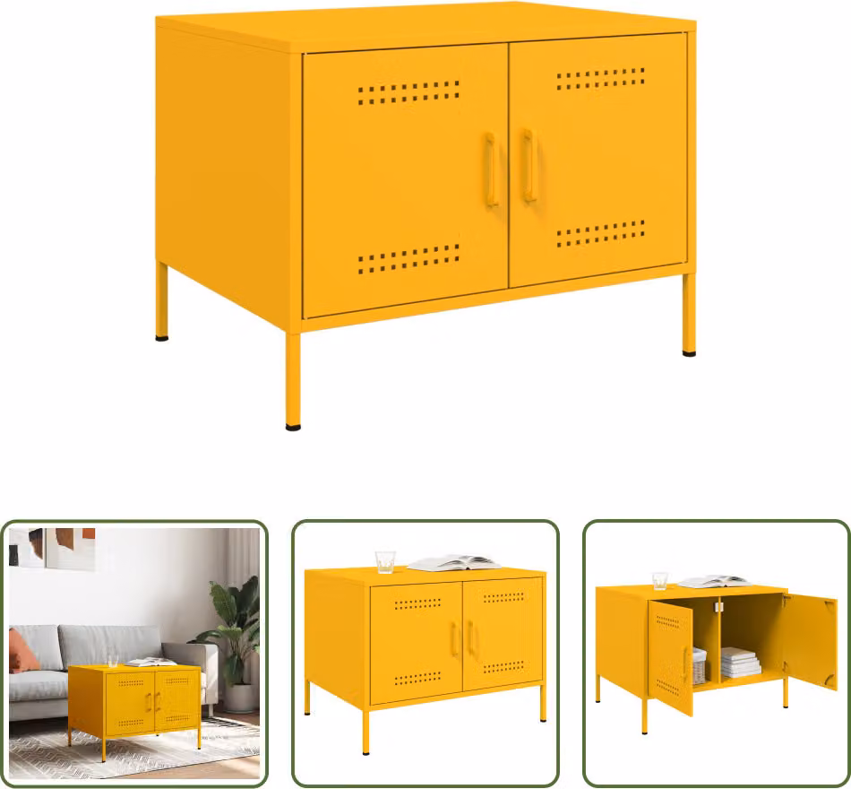 The Living Store Tavolino giallo senape 68x50x50,5 cm Acciaio laminato a freddo