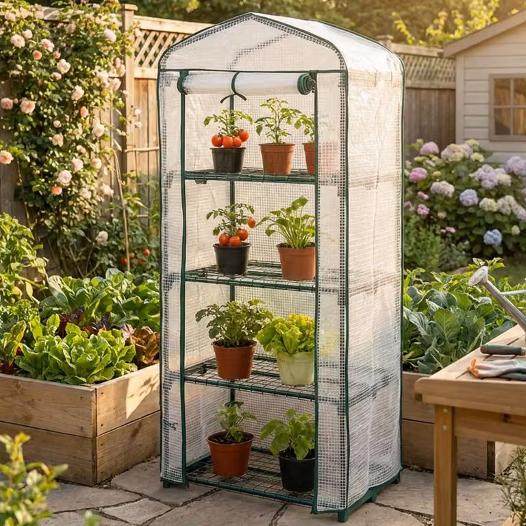 Serra in plastica 49x69x160 cm a 4 ripiani, robusta serra per la coltivazione con telo in rete di PE da 120 g/m², porta a rullo, struttura in acciaio e sistema a incastro per balconi e