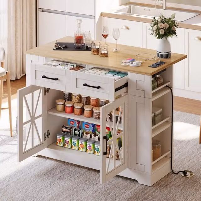 Isola cucina con tavolo pieghevole, MDF bianco e naturale, 120 cm con prese USB e ruote