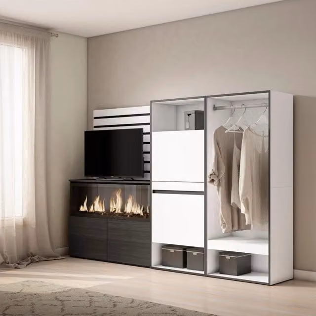 Credenza, 227x35x145cm, Camera da letto, Camino elettrico XXL, Scarpiera, Armadio Aperto, Bianco RF3386