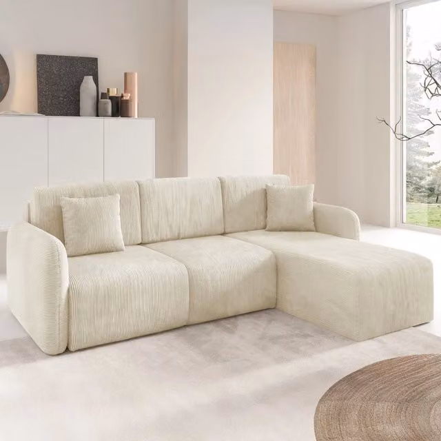 Divano Letto con Penisola Contenitore DMORA, Modello Ranco, Bianco Crema, L/P/H: 245 x 185 cm