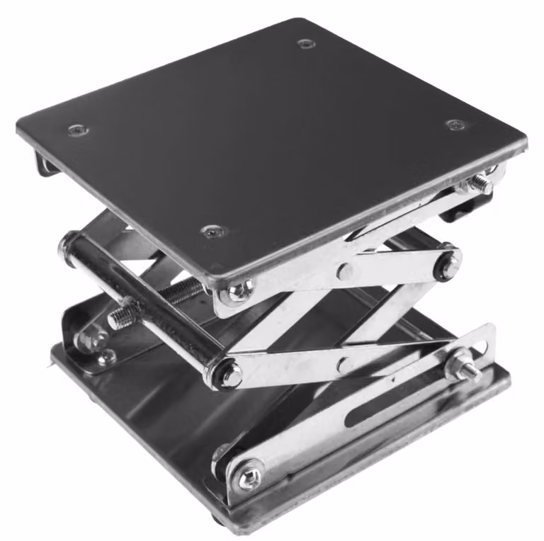 Piattaforma sollevatrice regolabile 150x150mm - Acciaio inossidabile - Sollevatore a pantografo - Capacità massima di carico 10 kg - Corsa di sollevamento 75-260 mm - Stabilità - Sollevatore da laboratorio