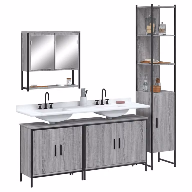 Set di mobili da bagno moderno vidaXL in legno e metallo grigio opaco composto da armadietto con specchio, mobile lavabo e colonna alta