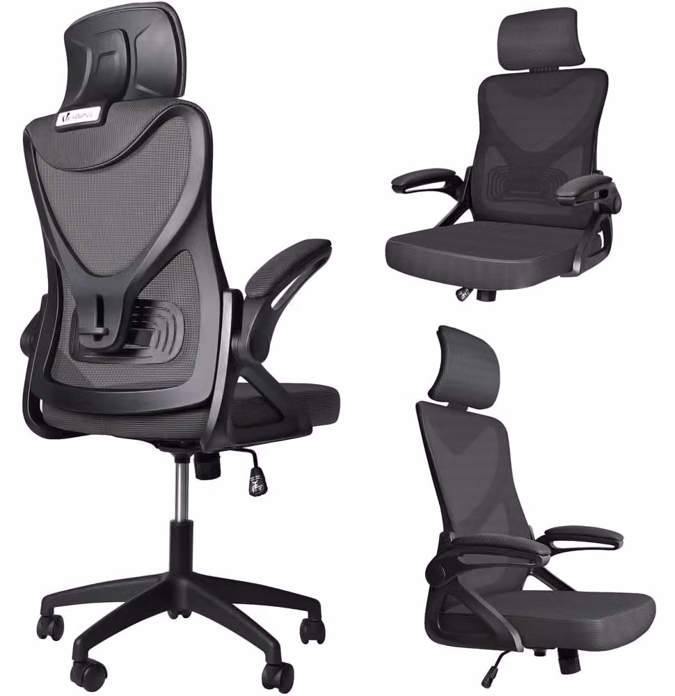Sedia da ufficio ergonomica - Sedia girevole con schienale alto - Supporto lombare e poggiatesta regolabili - Nero - Per ufficio domestico
