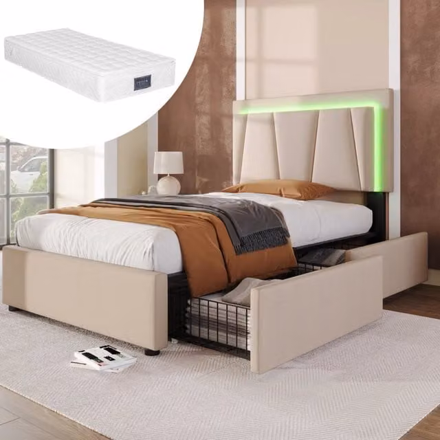 Letto singolo imbottito 90x200 cm con LED; 2 cassetti e testiera regolabile; beige