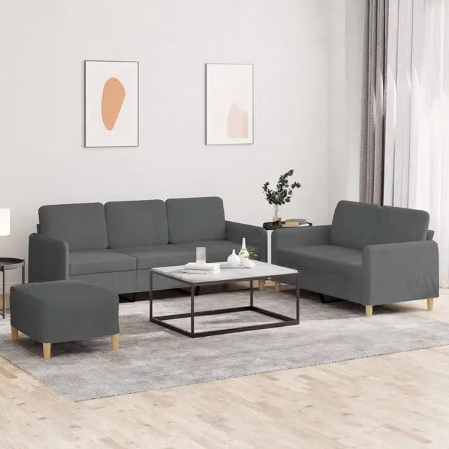 Set di divani moderno vidaXL in tessuto grigio composto da divano a 3 posti, divano a 2 posti e pouf con cuscini inclusi