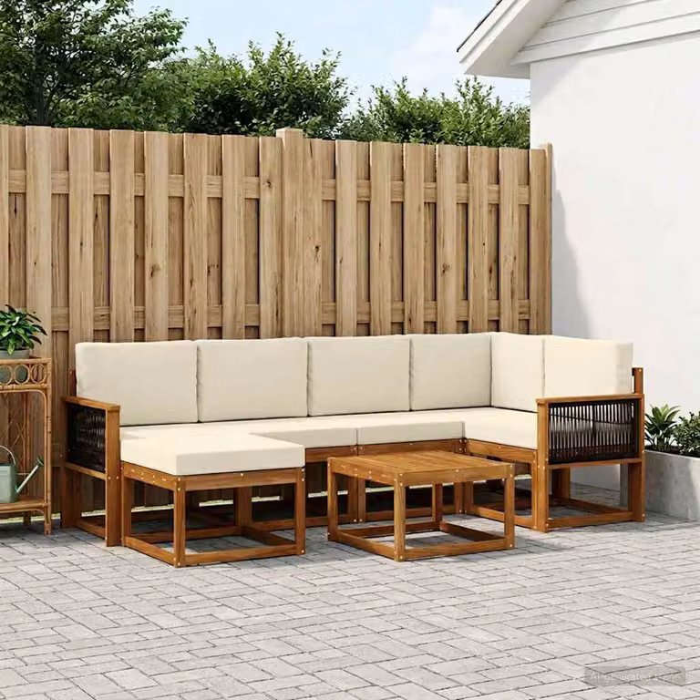 Set di divani da esterno vidaXL 7 pz a forma di L in legno di acacia con tavolino e pouf, colori naturale e crema