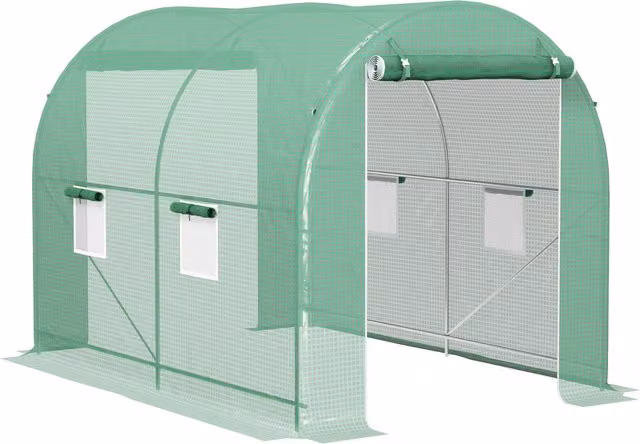 Serra da giardino a tunnel Outsunny da 6 m2 con telaio in acciaio rinforzato, porta con zip e 4 finestre avvolgibili, Verde
