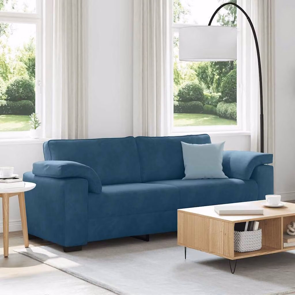 Divano a 3 posti moderno vidaXL in velluto blu con cuscini, L: 220 cm, P: 77 cm, H: 82 cm