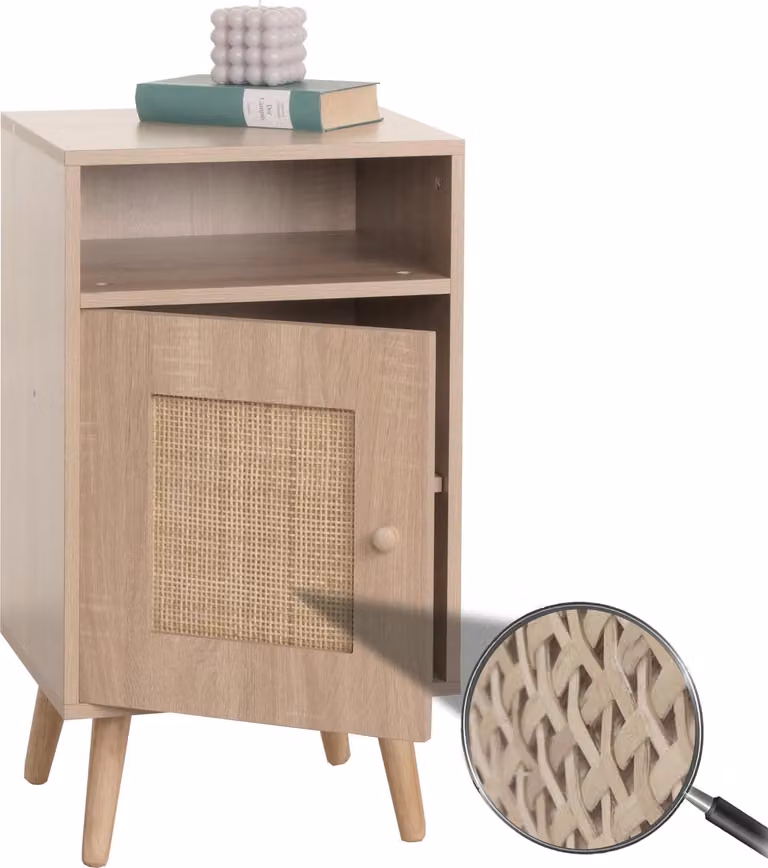 Comodino HWC-M39, comodino tavolino da salotto, scomparti, melamina Kubu rattan, aspetto rovere 71x40x41cm