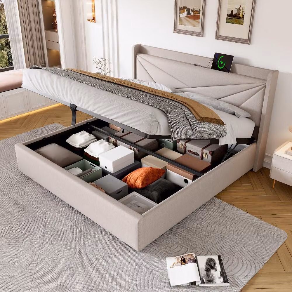 Letto imbottito 160x200 cm con contenitore, prese USB e di tipo C integrate nella testata, struttura del letto con rete a doghe, senza materasso, rivestito in cotone e lino color beige