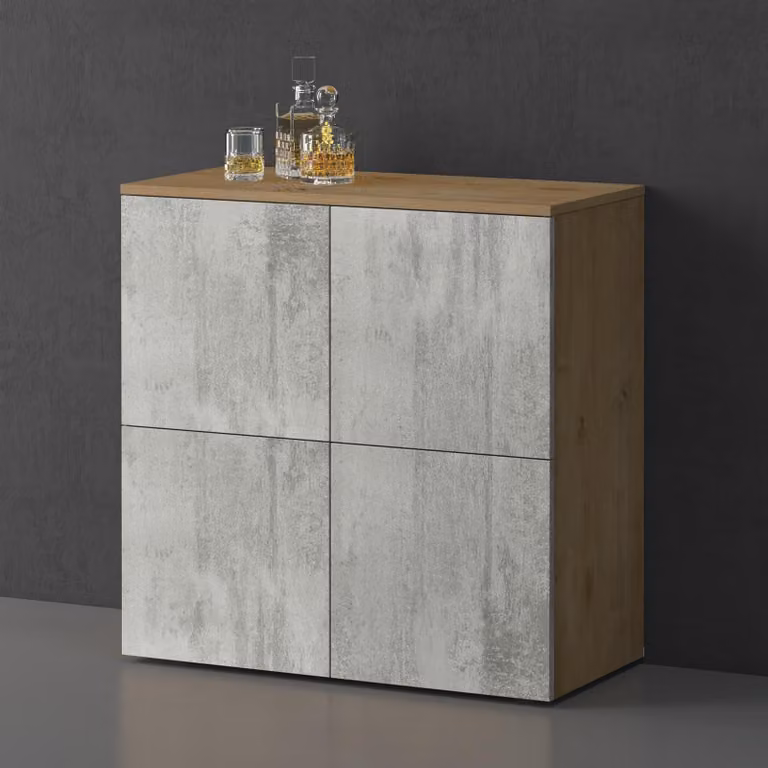 doporro Mobile Organizzatore Credenza Buffet in Legno con 4 Ante Push-to-Open e Soft-Close per Soggiorno, Sala da Pranzo o Ingresso, 76x36,4x76 cm Marrone chiaro e Calcestruzzo