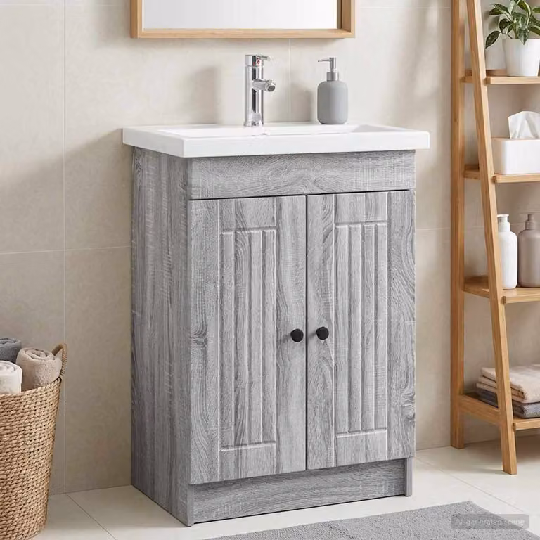 Mobiletto da bagno sotto il lavello vidaXL Sonoma grigio e nero con ante a battente e ripiani interni