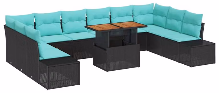Set da giardino composto da 11 pezzi, colore nero, realizzato in rattan sintetico