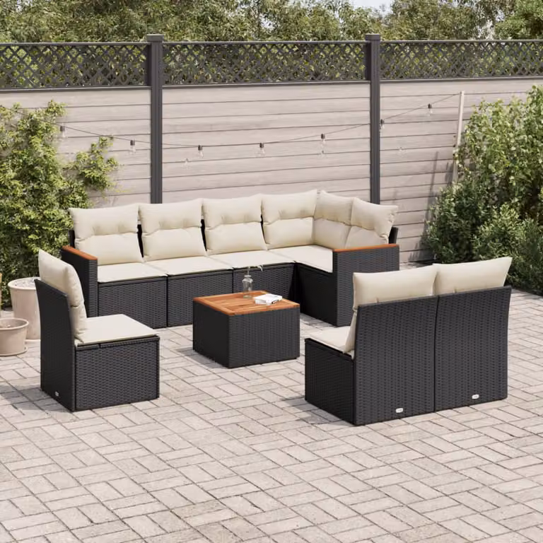Set di Divani da Giardino vidaXL 9 Pezzi con Cuscini, Colore Nero e Bianco, in Polyrattan con Struttura in Acciaio Verniciato a Polvere e Tavolino da Esterno
