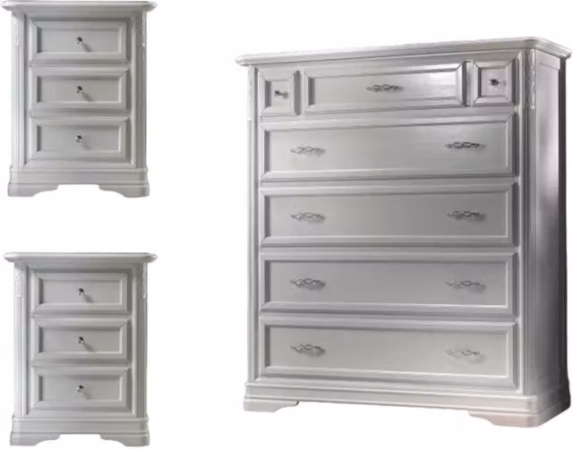 Set composto da cassettiera ribaltabile e 2 comodini intarsiati in legno massello bianco Mobili 2G – 2
