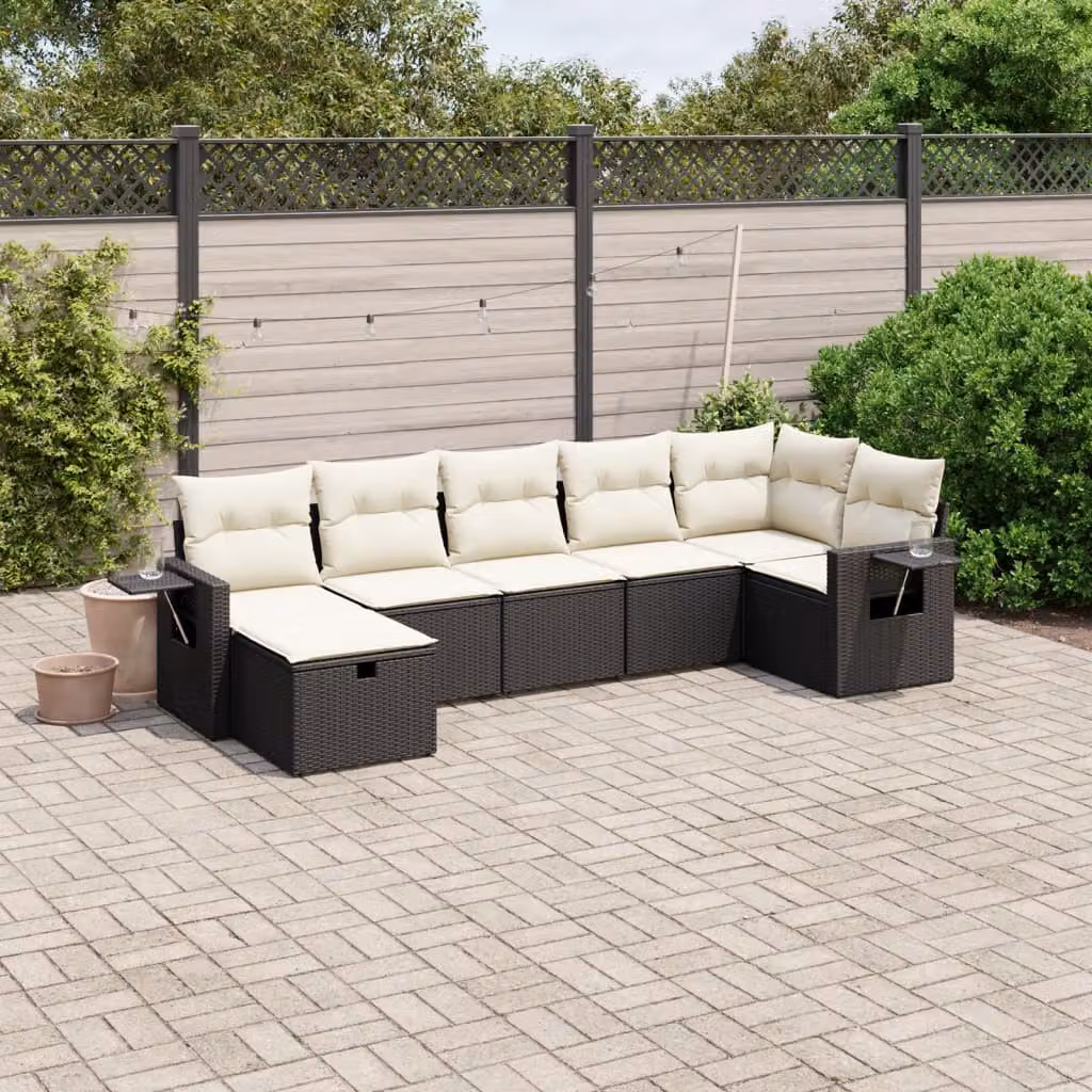 Set di Divani da Giardino vidaXL a Forma di L con 7 Pezzi e Cuscini, Polyrattan Nero e Struttura in Acciaio – 1